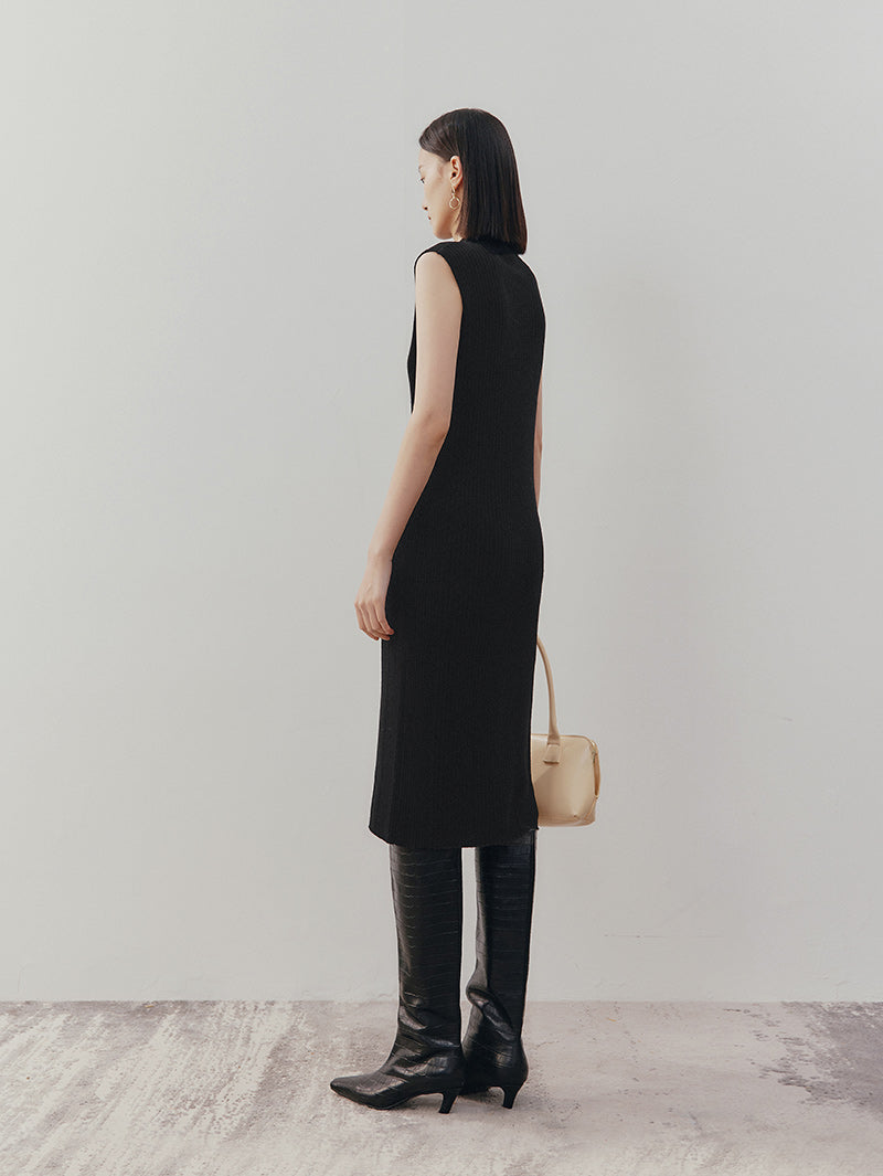 Women's Black Round Neck Sleeveless Wool Knit Dress