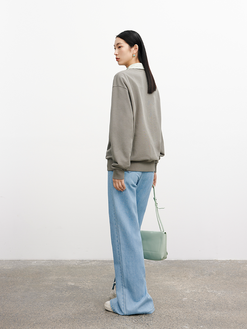 Women's Light Gray Round Neck Long Sleeves 100% Cotton Hoodie