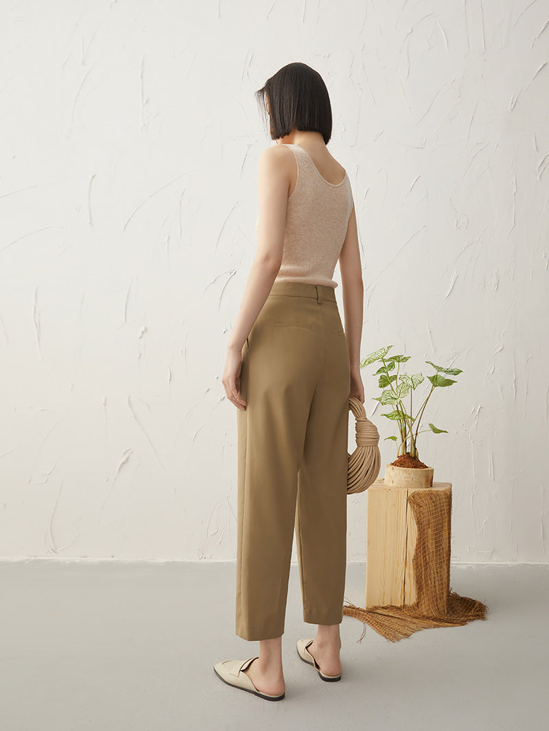 Women's Khaki Straight Fit Wool Trousers