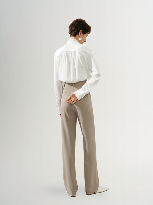 Charger l'image 1 dans la galerie. Women's Plain White Tie Neck Long Sleeves Smooth Acetate Shirt