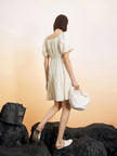 Women's Light Beige Square Neck Puff Sleeves Pleated Fabric Dress