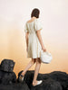 Women's Light Beige Square Neck Puff Sleeves Pleated Fabric Dress