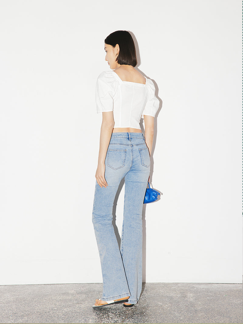 Women's White Square Neck Puff Sleeves High Quality Cotton Short Blouse Shirt