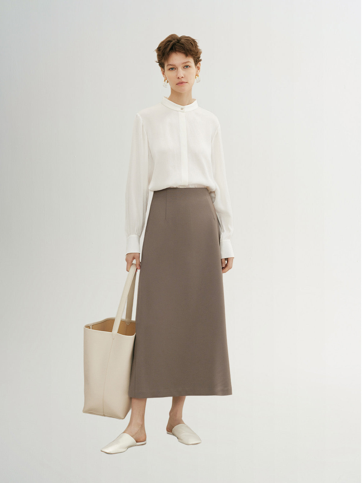 Jupe évasée marron taille haute en laine