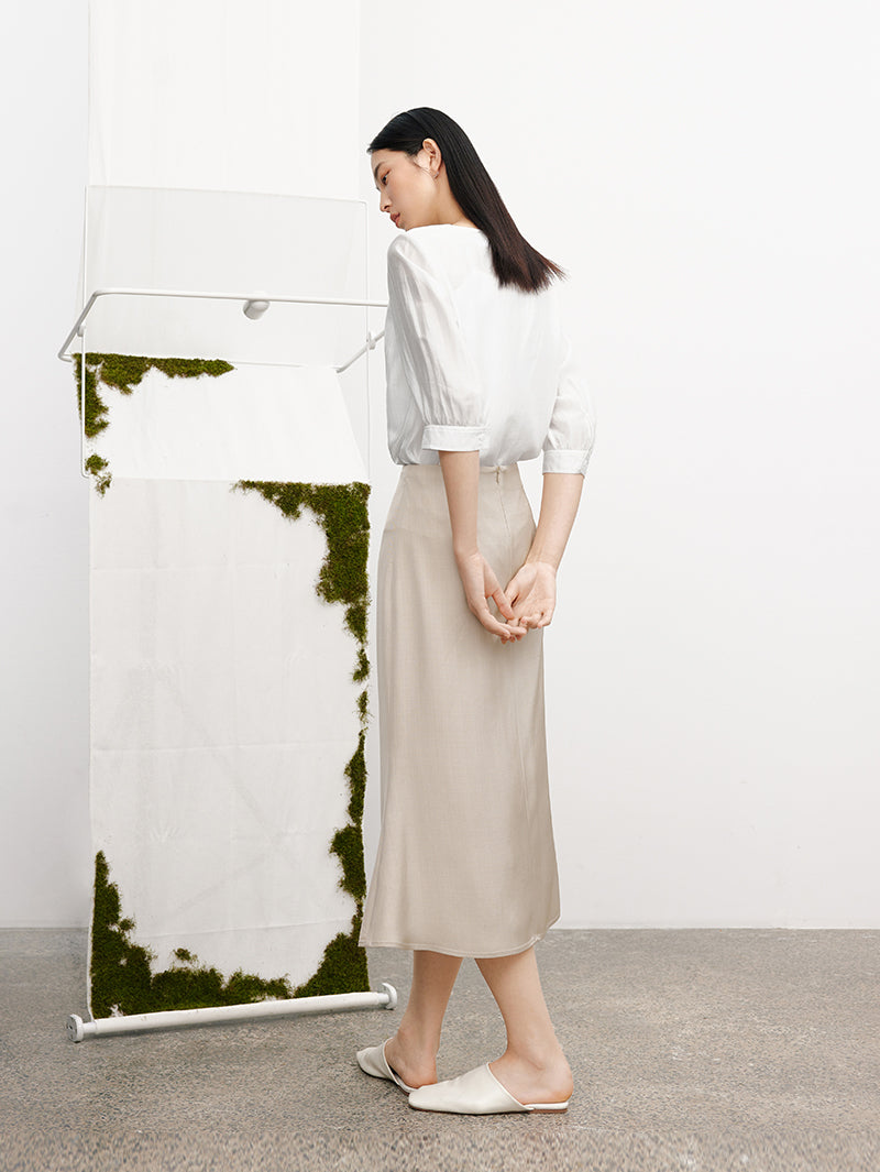 Women's Oatmeal Color Texture 100% Acetate Middle Length Mermaid Skirt