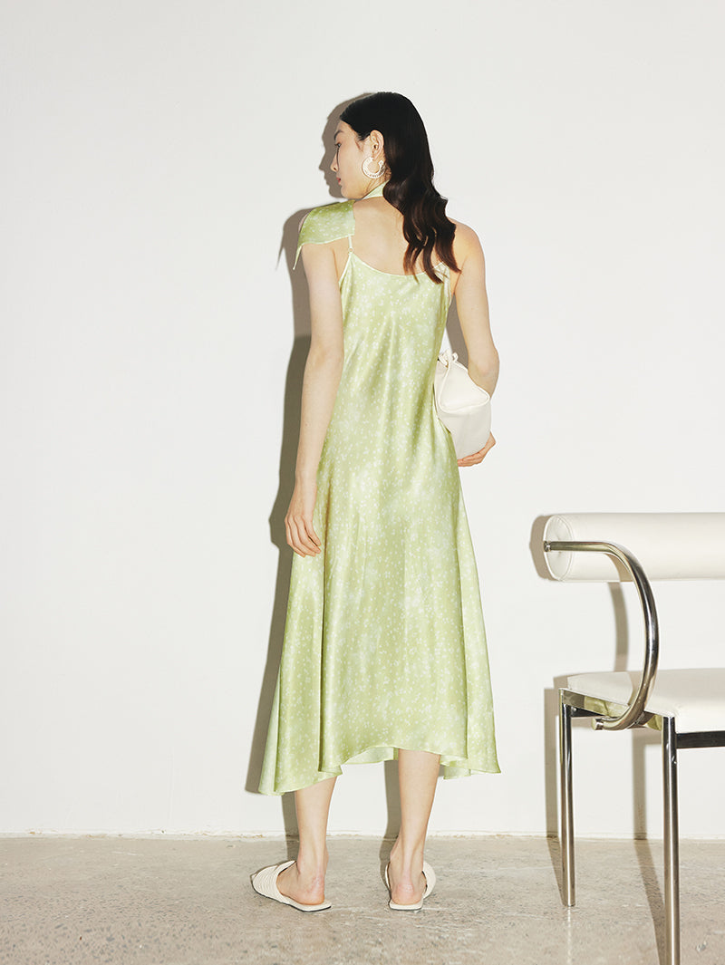 Women's Floral Light Green V Neck Smooth Acetate Slip Dress
