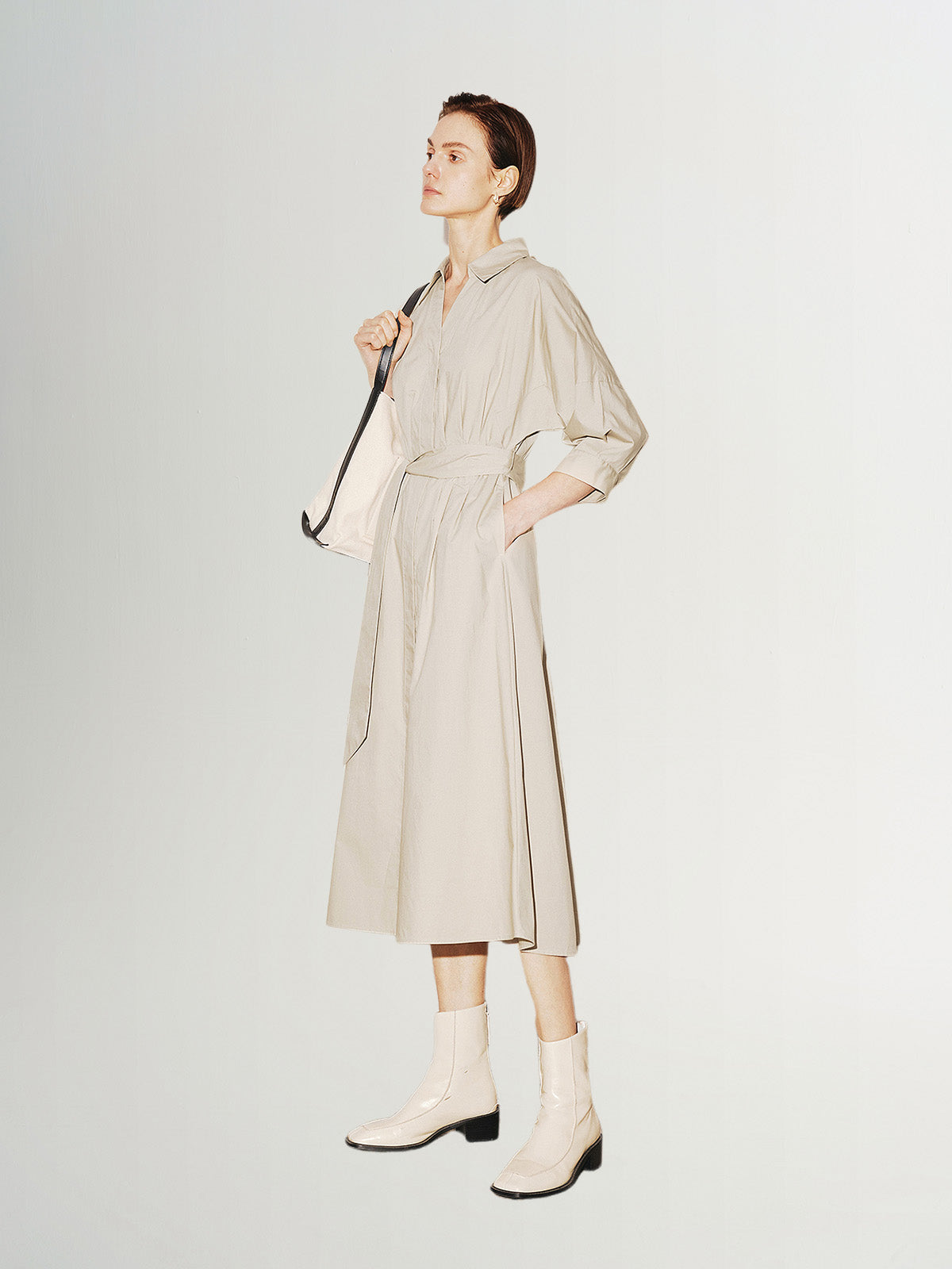 Beige cotton round neck dress