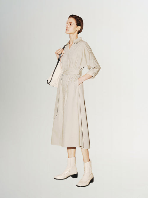 Load image 1 in gallery view. Beige cotton round neck dress