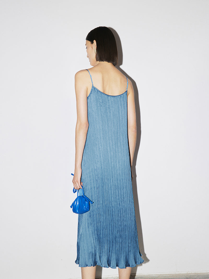 Pleated aqua blue dress
