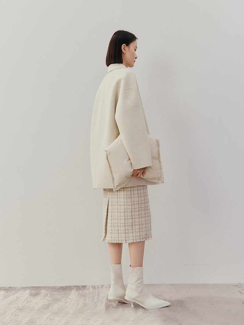 Women's White Notch Lapel Sheep Wool Short Coat