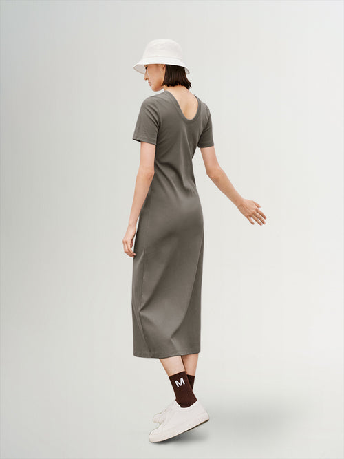Load image 1 in gallery view. Women's Sandstone Brown Round Neck Short Sleeves Cotton Jersey Dress 5E7193081
