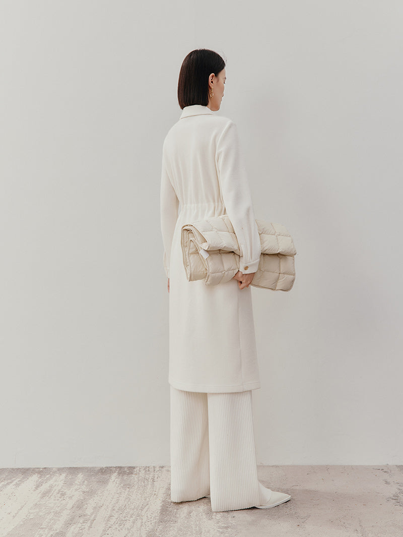 Women's White Wool Classic Collar Long Sleeve Drawstring Wasit Dress