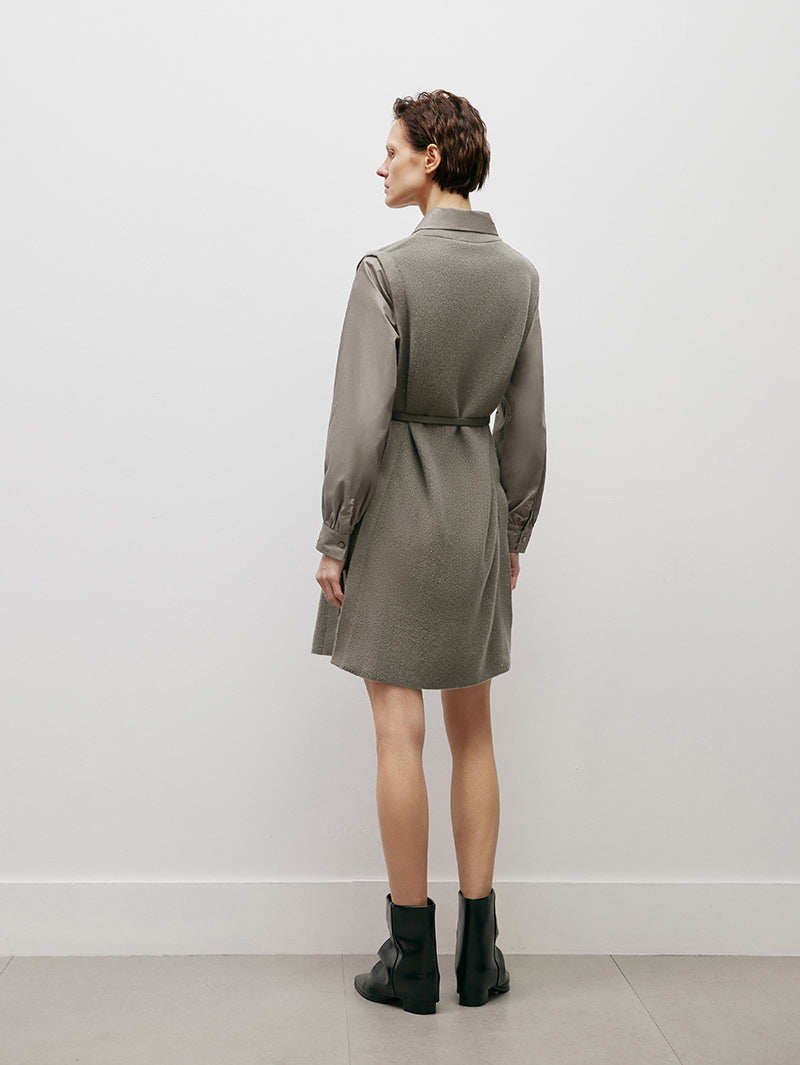 Women's Brown Classic Collar Long Sleeve Wool Vest Splicing Dress