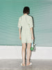 Women's Mint Green V Neck Short Sleeves Pleated Waist Dress