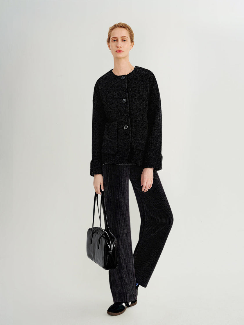 Wool-Camel Blend Round-Neck Short Jacket