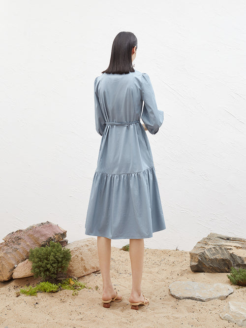 Load image 1 in gallery view. Women's Blue V Neck Puff Sleeve Natural Waist Dress