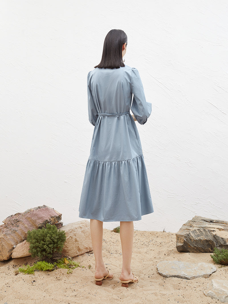 Women's Blue V Neck Puff Sleeve Natural Waist Dress