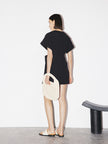 Women's Black V Neck Short Sleeves Stable Sucker Belted Dress