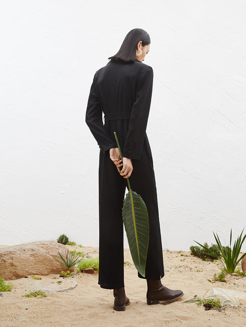 Load image 1 in gallery view. Women's Black Long Sleeve Acetate Jumpsuits