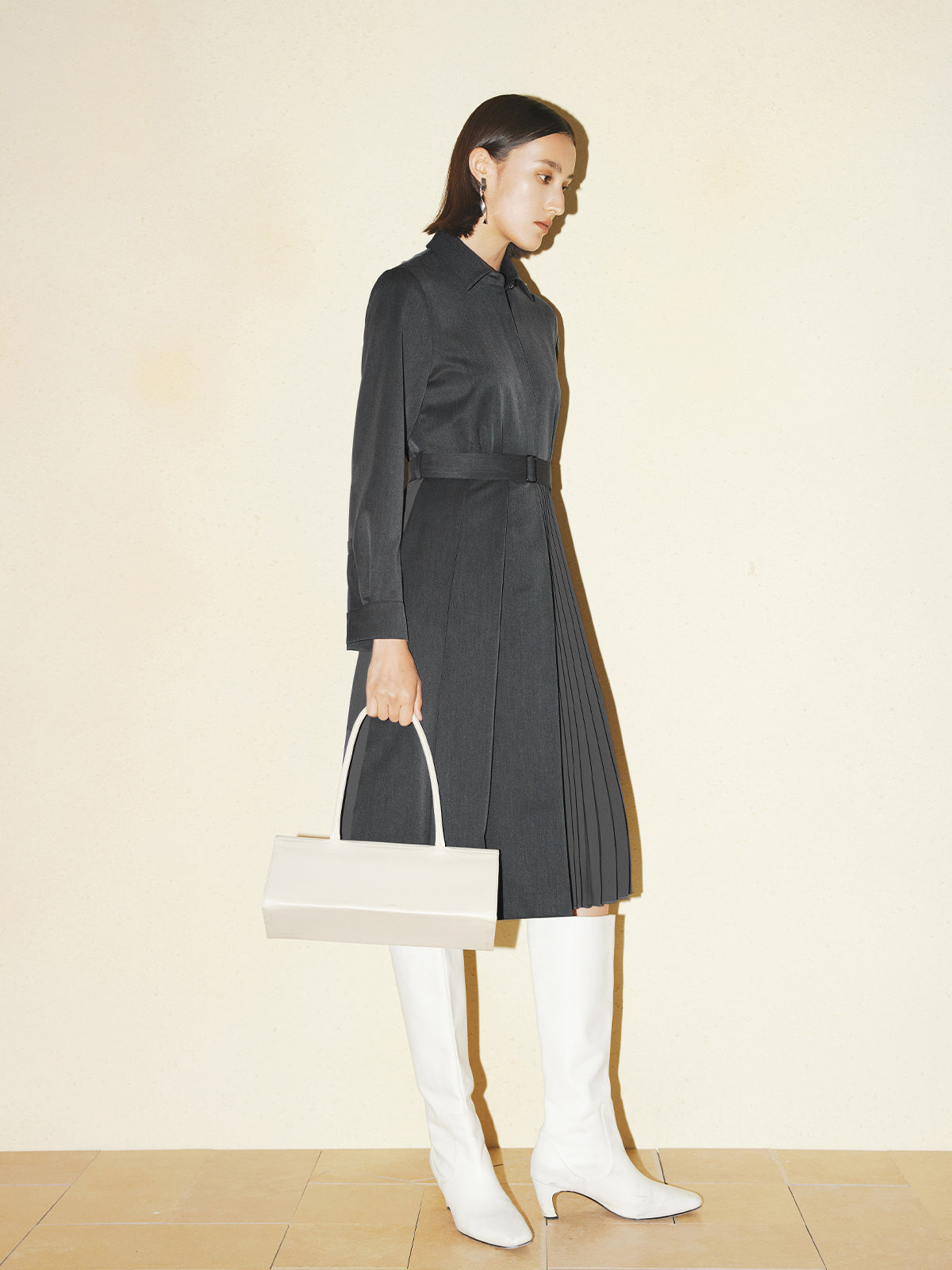 Grey classic collar pleated dress with long sleeves and belt