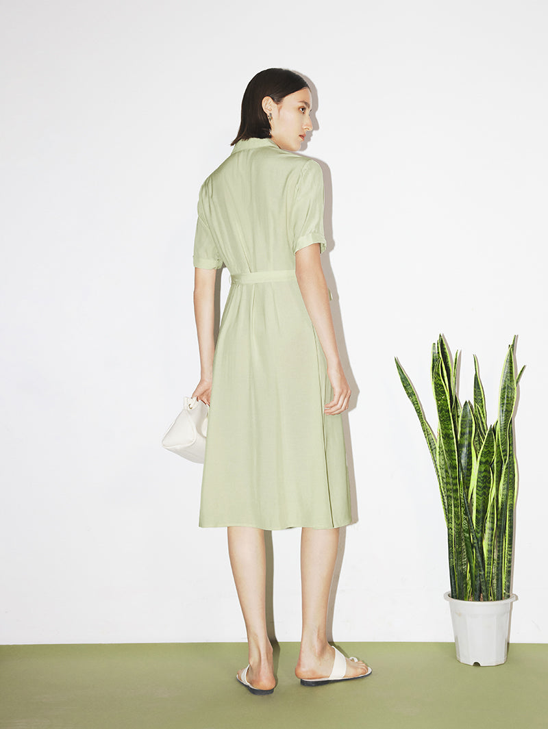 Women's Light Green Stand Collar Short Sleeves Button Down Dress