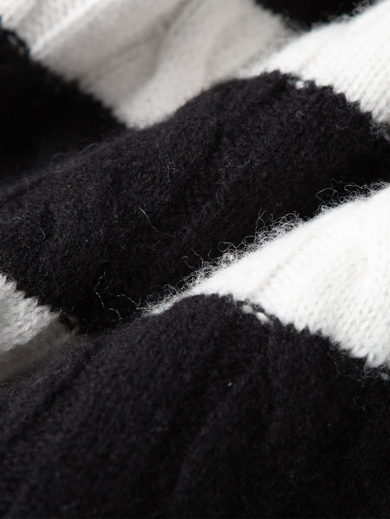 Women's Black White Stripe Turtleneck Long Sleeve Sweater Dress