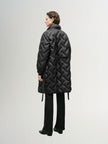 Black mid-length down jacket with hood and belt