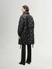 Black mid-length down jacket with hood and belt
