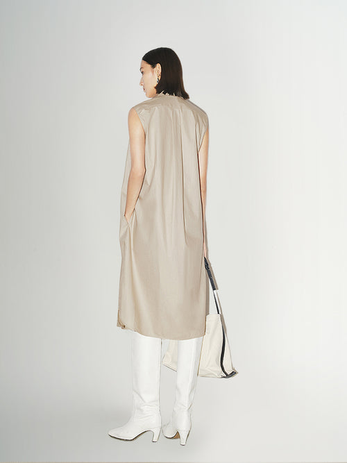 Load image 1 in gallery view. Women's Light Beige Stylish Stand Collar H Shape 100% Cotton Dress