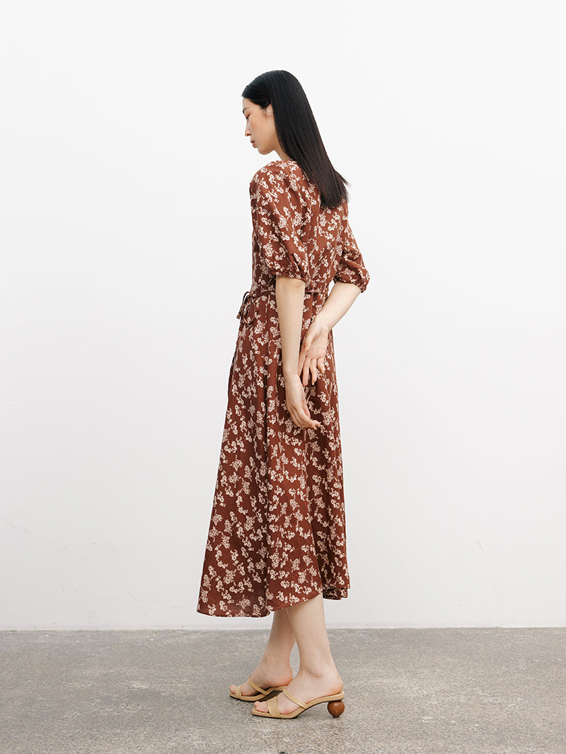 Women's Floral Underglaze Red V Neck Puff Sleeves Wrap Dress