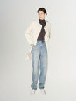 Beige floral patterned long sleeve round neck button-down jacket