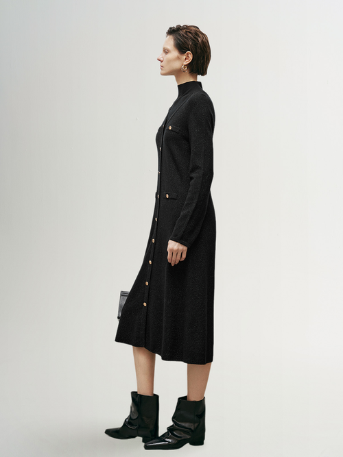 Load image 1 in gallery view. Black shimmering wool jersey dress