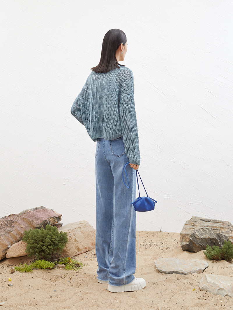 Women's Blue Round Neck Long Sleeve Sweater