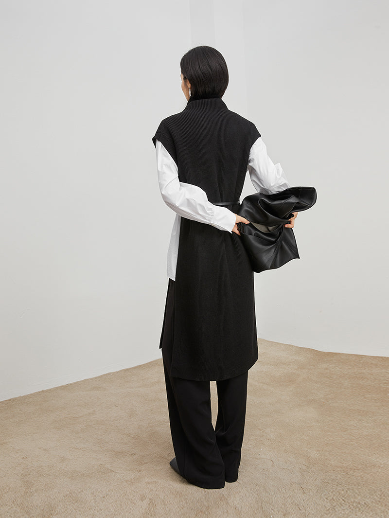 Women's Navy Blue High Neck Knit Wool Sweater Dress