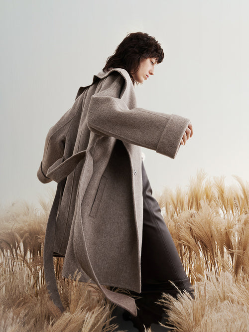 Charger l'image 1 dans la galerie. Women's Gray Camel Lapel Long Sleeves Wool Tie Belt Winter Coat