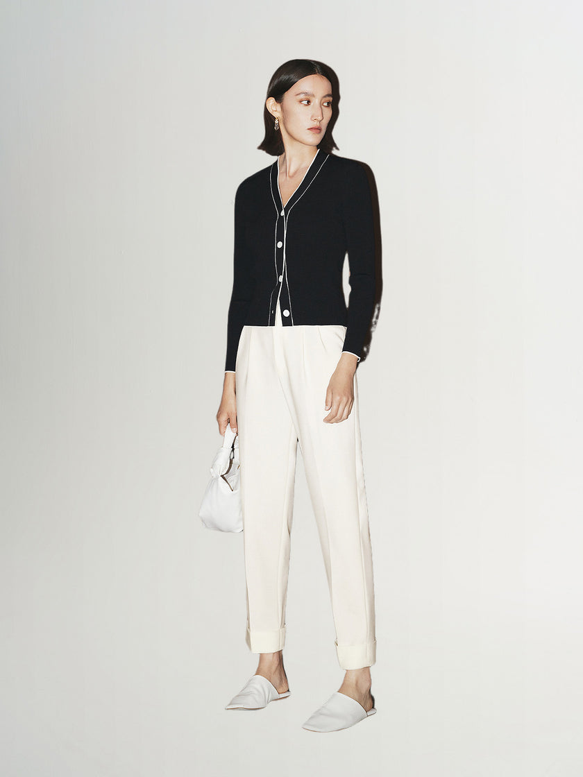 Pull noir à col en V, manches longues et boutons - Slim Fit