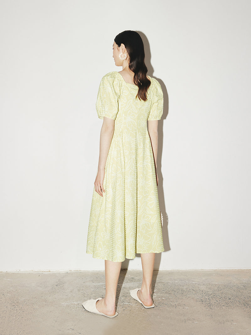 Women's Light Green Square Neck Puff Sleeves Texture Comfy Dress
