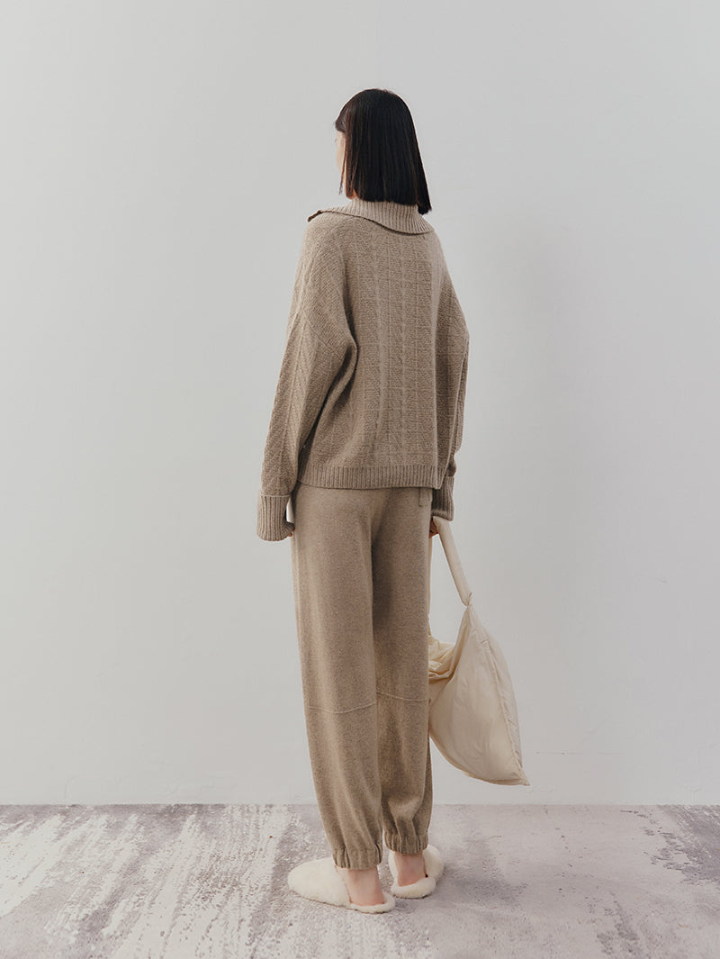 Women's Brown Polo Neck Ribbed Knit 100% Cashmere Sweater