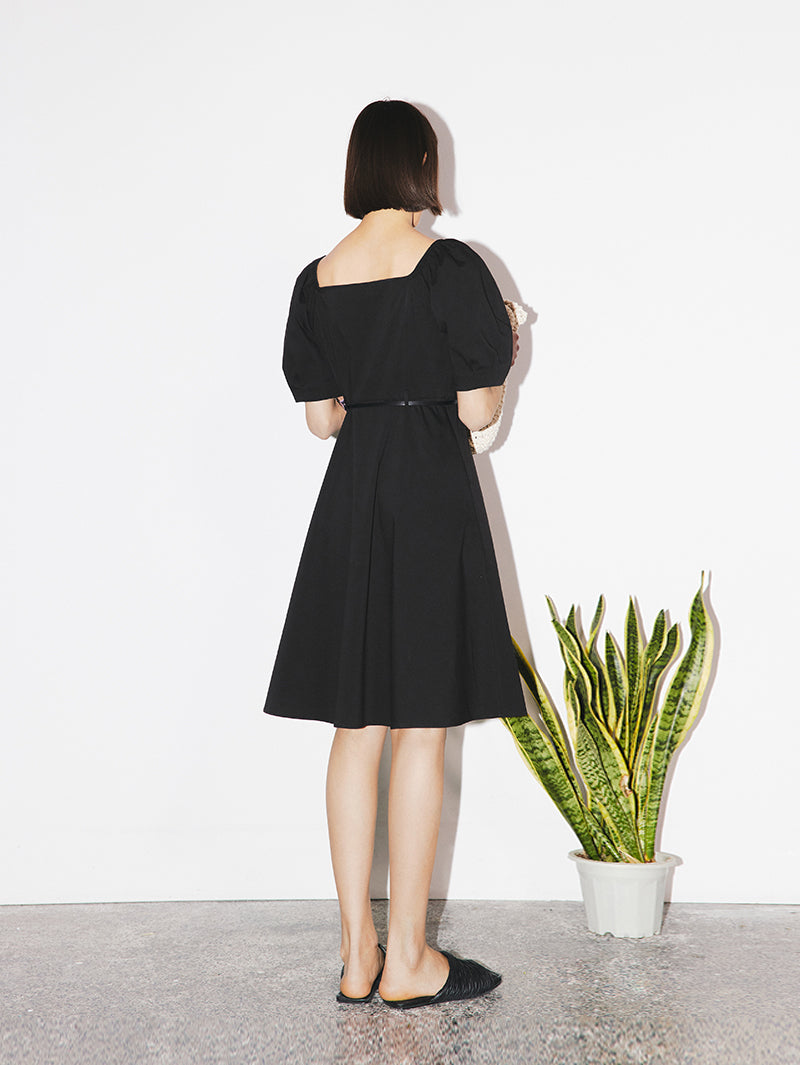 Women's Black Square Neck Puff Sleeves  Slim  Fit Cotton Dress