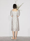 Women's Floral Light Gray Square Neck Puff Sleeves Breathable Lyocell Middle Length Dress