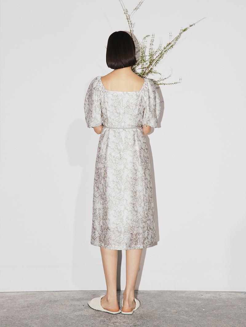 Women's Floral Light Gray Square Neck Puff Sleeves Breathable Lyocell Middle Length Dress