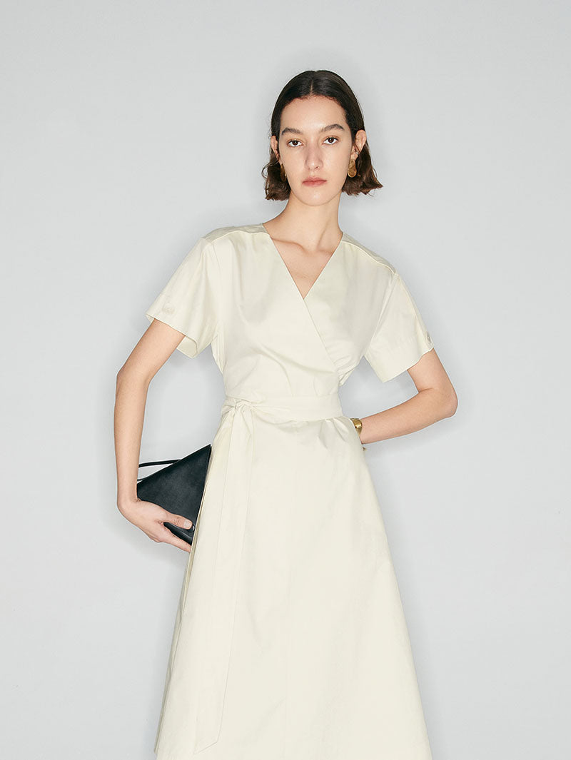 Women's White Short Sleeves V Neck 100% Cotton Dress