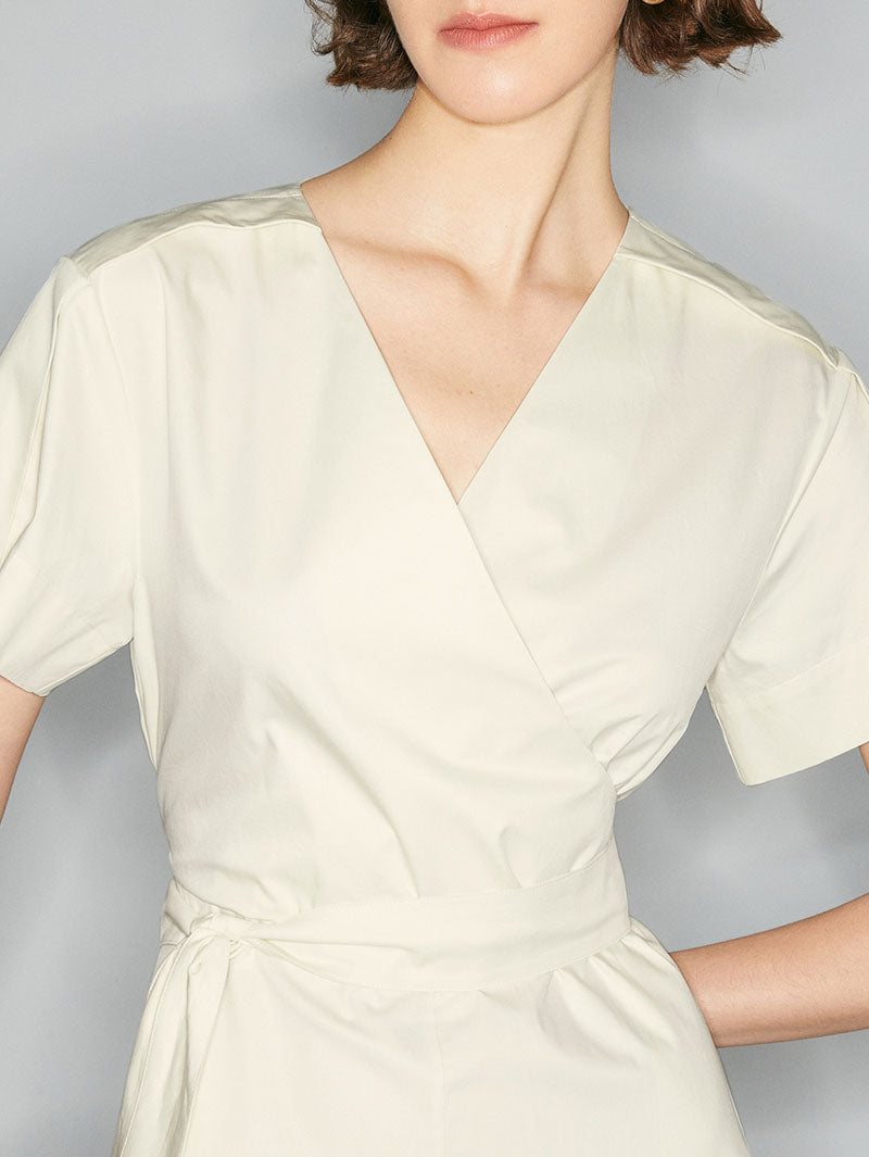 Women's White Short Sleeves V Neck 100% Cotton Dress