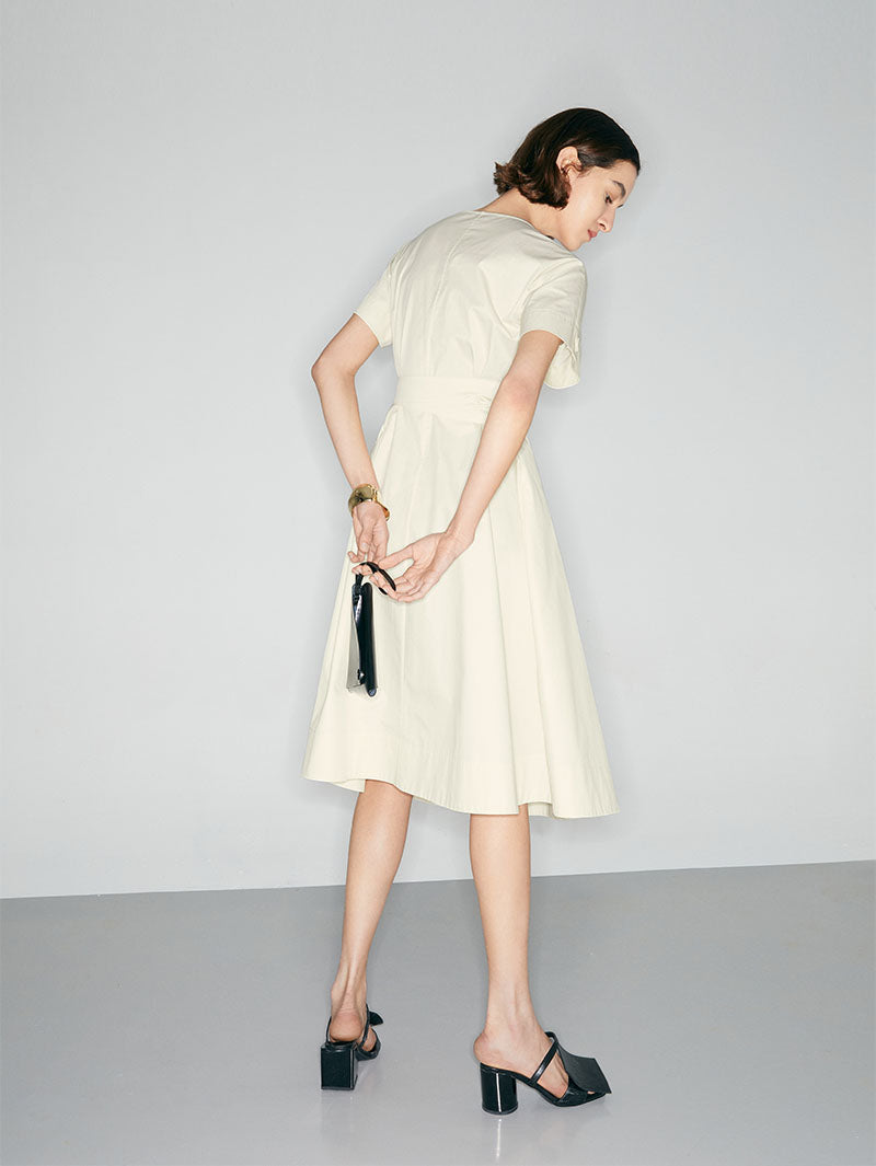 Women's White Short Sleeves V Neck 100% Cotton Dress