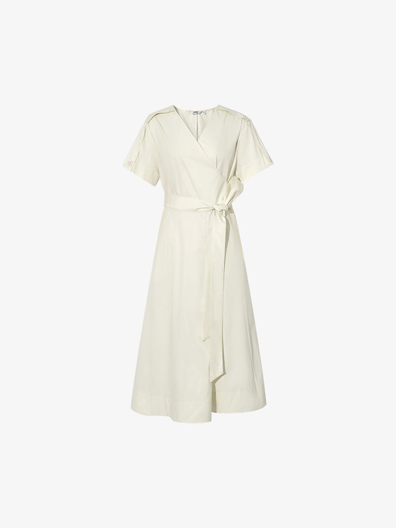 Women's White Short Sleeves V Neck 100% Cotton Dress