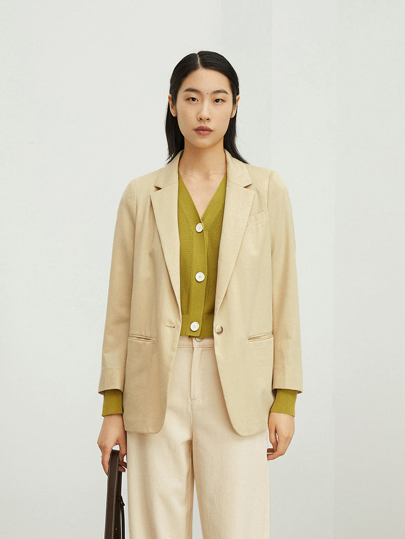 Women's Beige Notch Lapel Single Breasted Quarter Sleeve Blazer