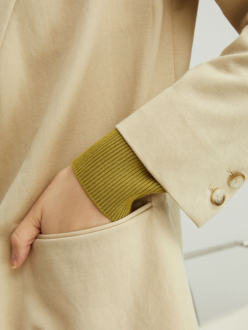 Women's Beige Notch Lapel Single Breasted Quarter Sleeve Blazer