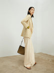 Women's Beige Notch Lapel Single Breasted Quarter Sleeve Blazer