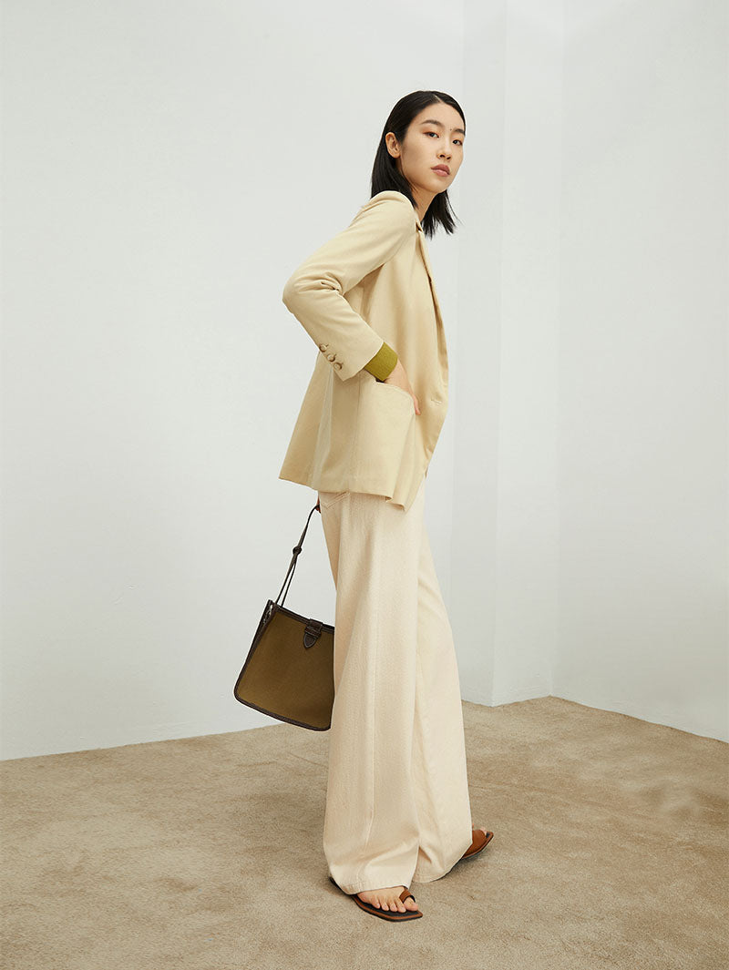 Women's Beige Notch Lapel Single Breasted Quarter Sleeve Blazer