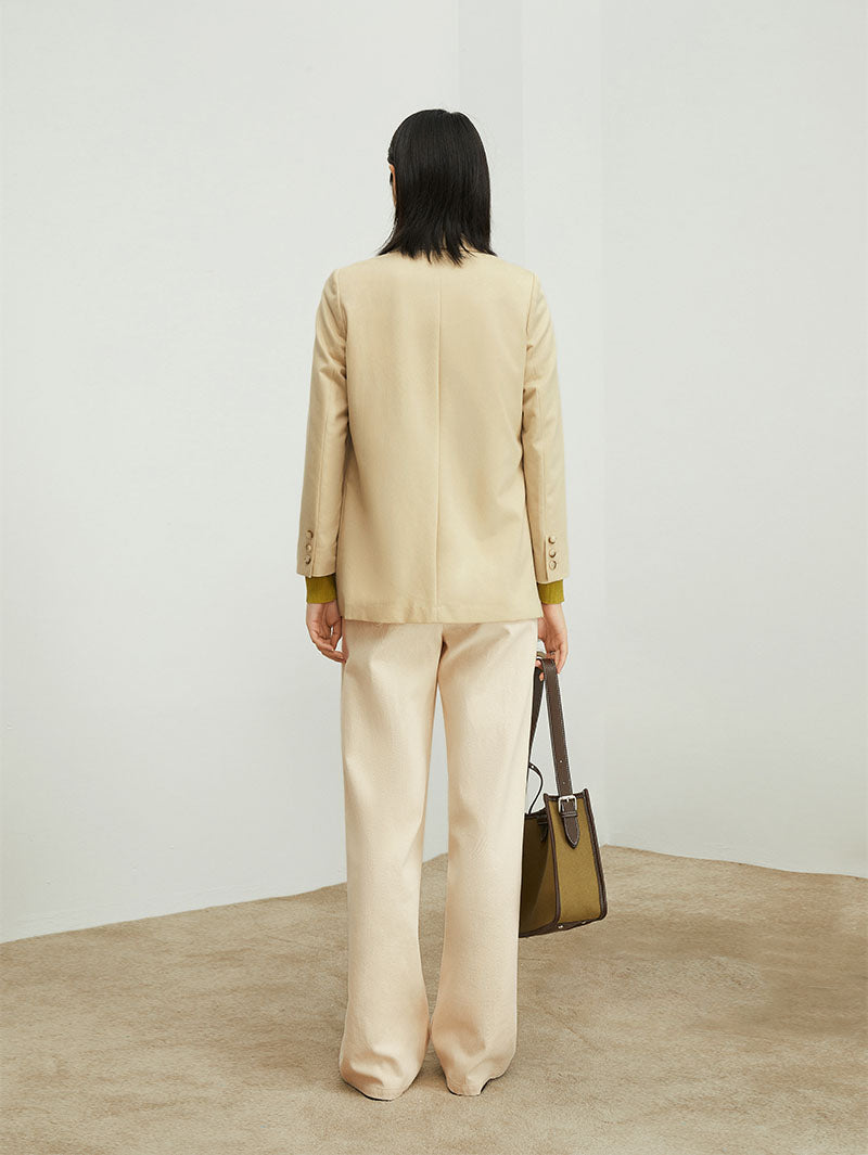 Women's Beige Notch Lapel Single Breasted Quarter Sleeve Blazer